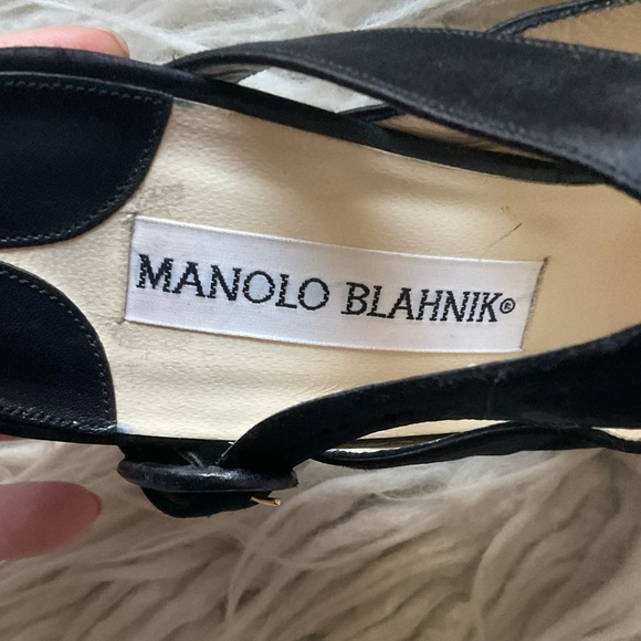 Manolo Blahnik Black Satin Slingback Bow Accent Heeled Strappy Sandals EUC Sz 36 - Picture 8 of 9